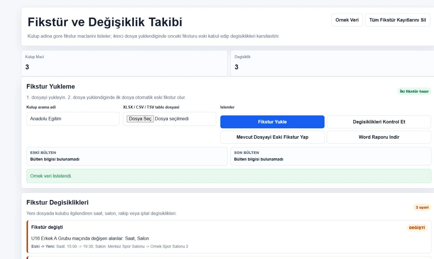 SKOREL ile eski ve yeni fikstür dosyalarının karşılaştırma sonucu